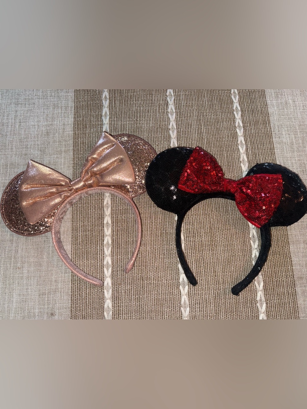 Disney Sequin Mouse Ear Headbands in Rose Gold and Black with Red Bow